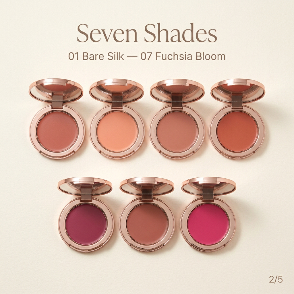 All seven Benex blush shades laid out as a flat-lay
