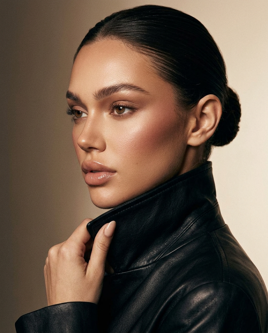 Benex muse in black leather with luminous skin and rosewood blush