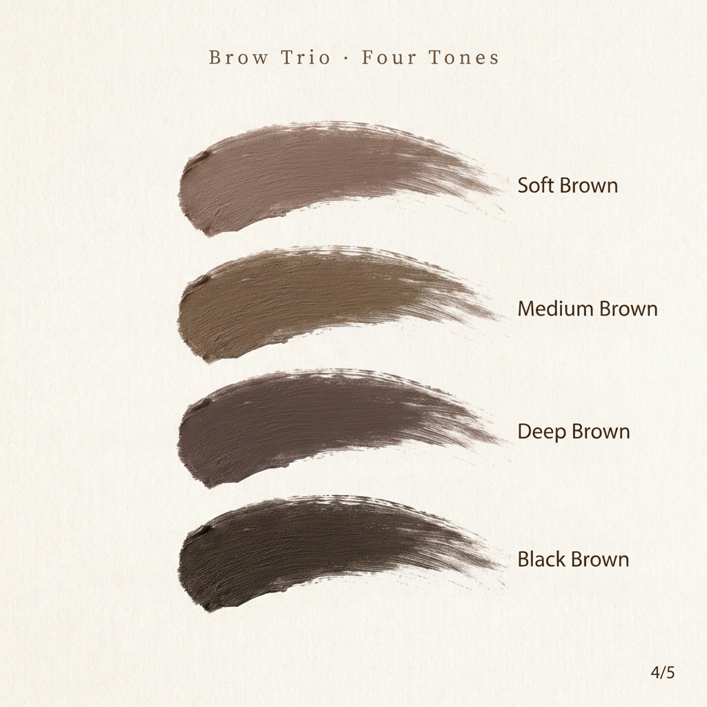 Brow Trio shade swatches — Soft, Medium, Deep and Black Brown