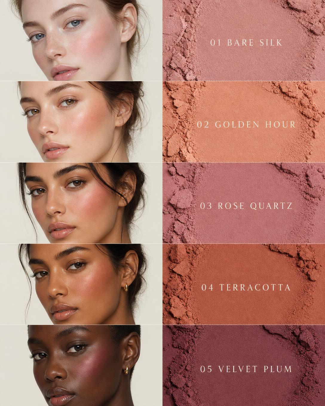 Benex Couture Blush worn on five skin tones beside its matching powder swatch