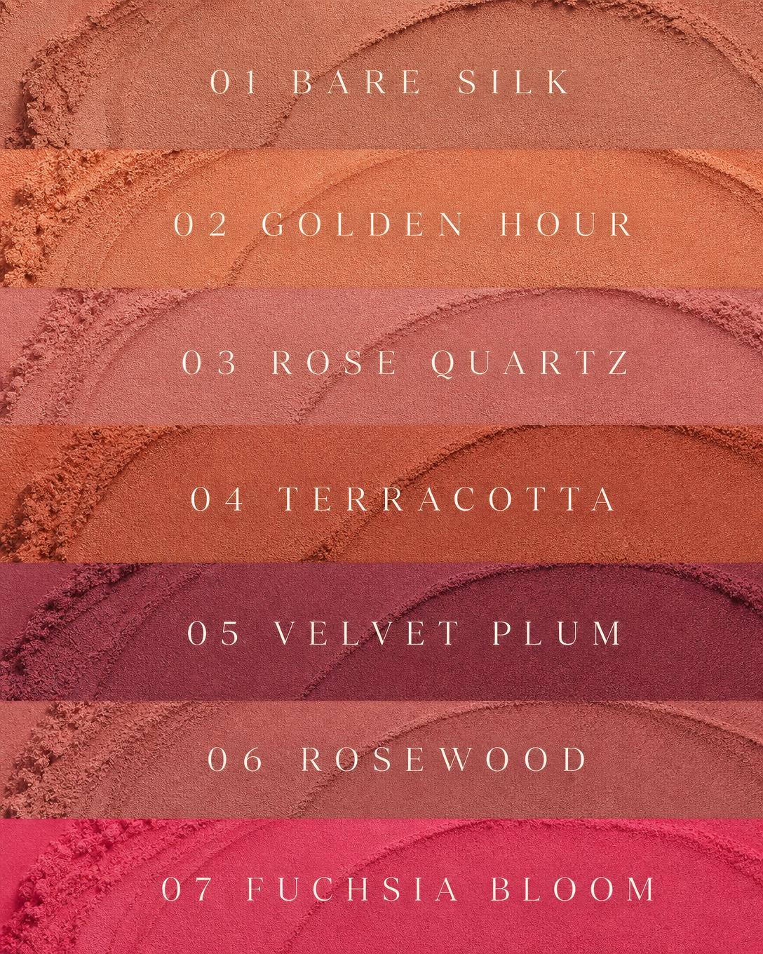 All seven Benex Couture Blush shades swatched — 01 Bare Silk to 07 Fuchsia Bloom