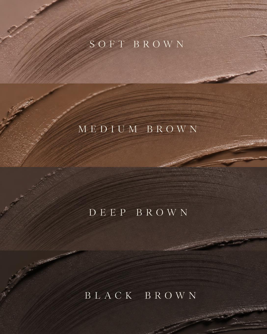 Benex Brow Trio shades swatched — Soft Brown, Medium Brown, Deep Brown, Black Brown