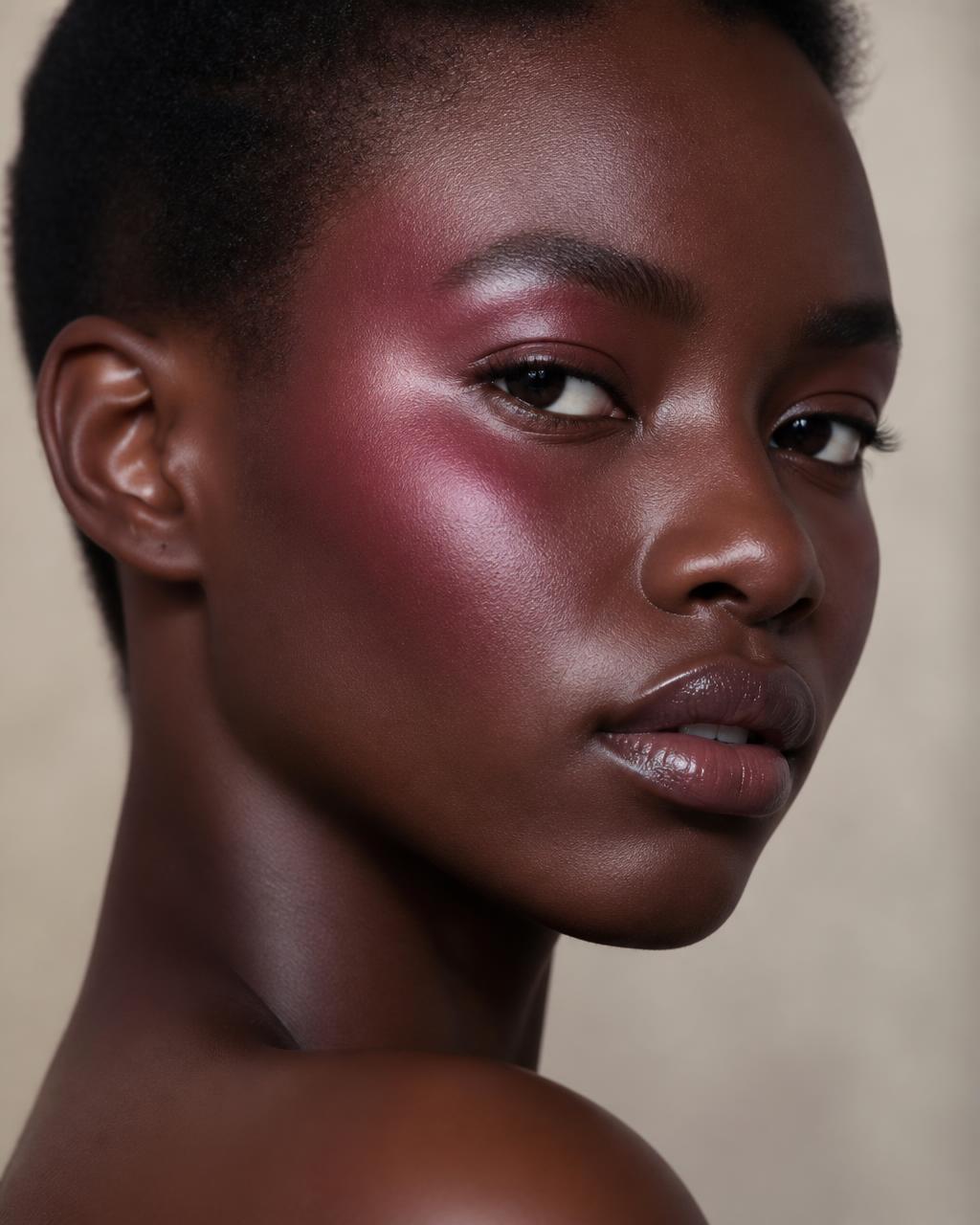 Deep skin tone wearing Benex Couture Blush in 05 Velvet Plum