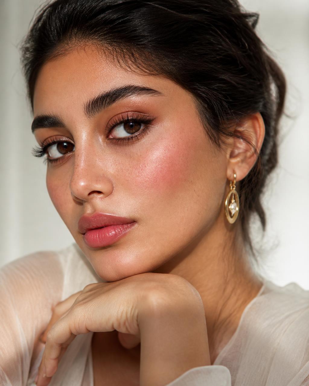 Medium skin tone wearing Benex Couture Blush in 06 Rosewood