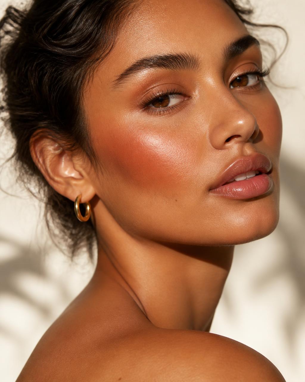 Tan skin tone wearing Benex Couture Blush in 04 Terracotta